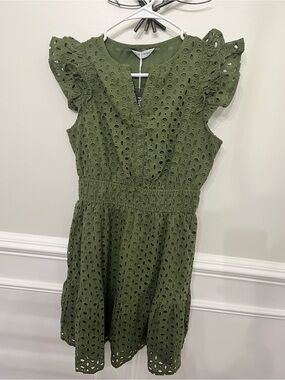 PrettyGarden Olive Green Eyelet Ruffle Dress Size Small NWT